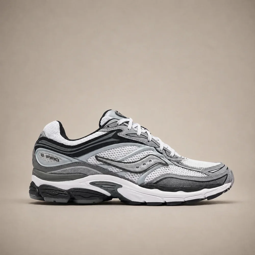 Saucony ProGrid Omni 9 Black / Silver — Chaussures Oriol Shoes Abomey-Calavi. Basket basse de running à tige en mesh blanc et empiècements gris et noirs, lacets blancs, semelle intermédiaire blanche et semelle extérieure noire ; logo latéral Saucony visible